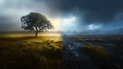 Fototapeta premium Duality Sunny meadow meets stormy field. A lone tree stands at the dividing line between contrasting weather conditions.