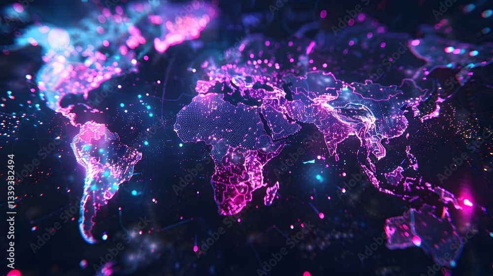 Aufkleber digital world map concept. futuristic design with glowing points and neon colors. abstract technolog