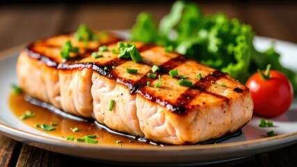 grilled salmon steak served with fresh herbs on plate garnished with lettuce and cherry tomato. healthy eating and gourmet cuisine. restaurant menu, food blog, culinary magazine.