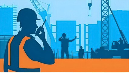 A construction worker communicating via walkie-talkie.