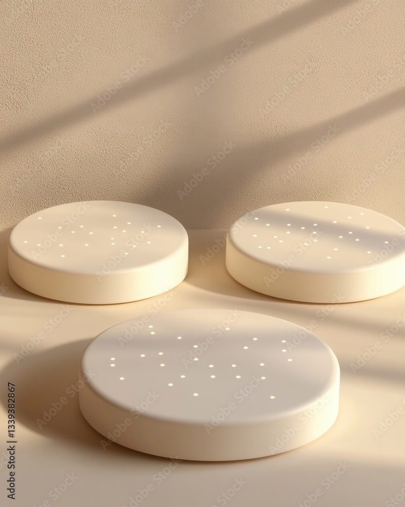 Aufkleber elegant beige product display platforms with soft lighting and minimalist design for showcase and pr