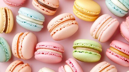 Obraz premium An enchanting display of multicolored macarons, thoughtfully arranged to highlight their playful charm and elegant design
