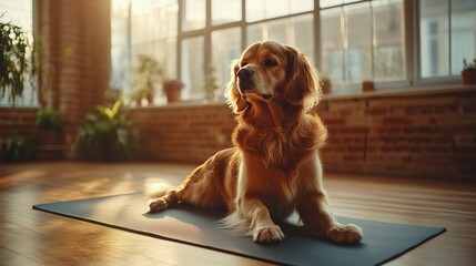 Golden retriever practicing warrior 2 yoga pose on mat in bright studio during morning light