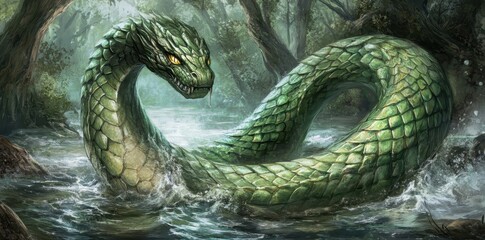 Fototapeta premium A large serpentine creature emerges from swampy water nearby trees