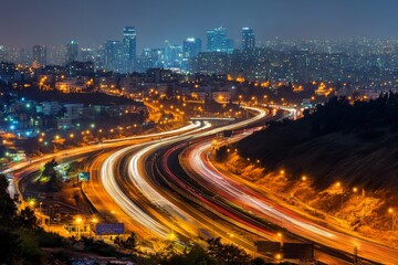 Fototapeta premium Night Cityscape with Light Trails on Urban Highway at Twilight
