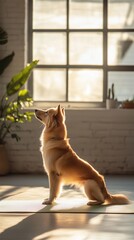 Dog practicing warrior 2 yoga pose in bright studio environment during morning light
