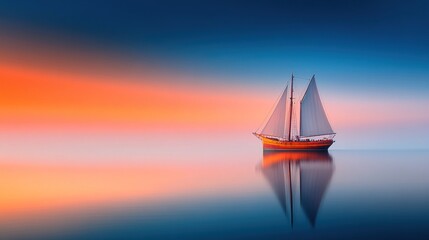 Fototapeta premium Serene Sunset Sailboat: A Tranquil Ocean Escape