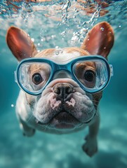 French bulldog in diving goggles swimming joyfully underwater in a pool with colorful ripples