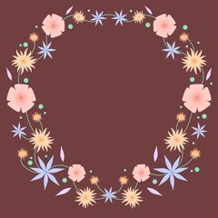 Fototapeta premium Floral wreath. Field flower round frame. Wildflowers. Meadow flowers circle border