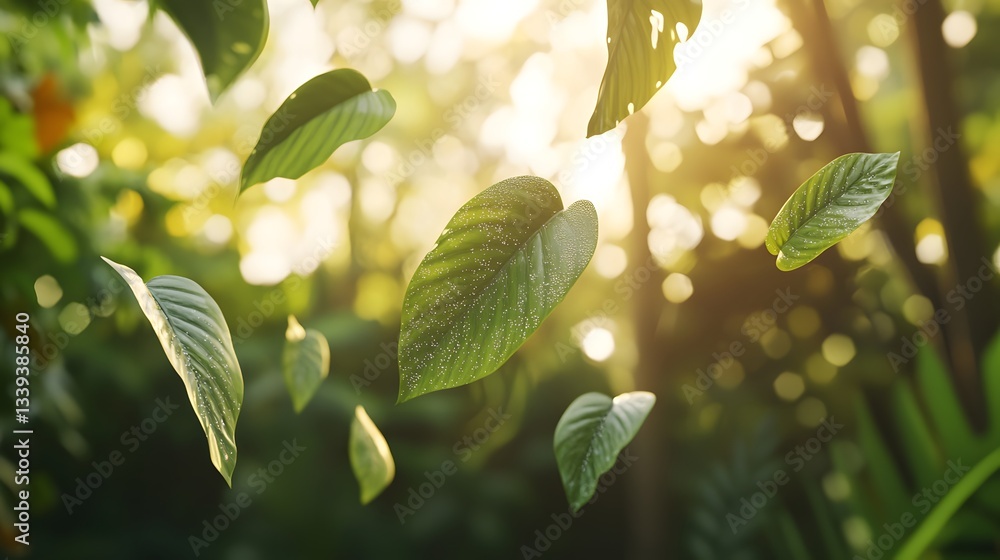 Poster sunlight filtering through leaves creating a beautiful play of shadows and light on a vibrant green 