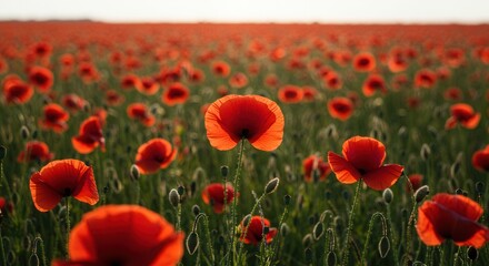 Red Poppy Field Blooming in Summer Sunlight Nature Background