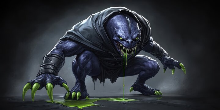 A menacing hooded creature with sharp claws and dripping slime lurks