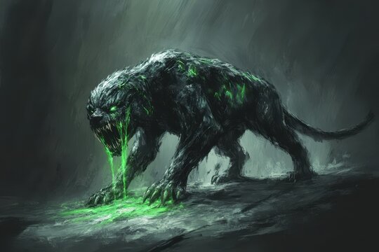 An ominous creature with glowing eyes and green ooze appears menacingly