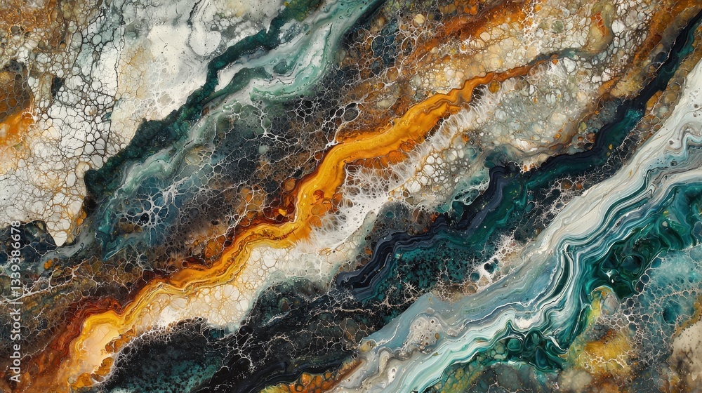 Poster this artwork displays intricate flowing patterns in rich orange, green, and white hues. the dynamic 
