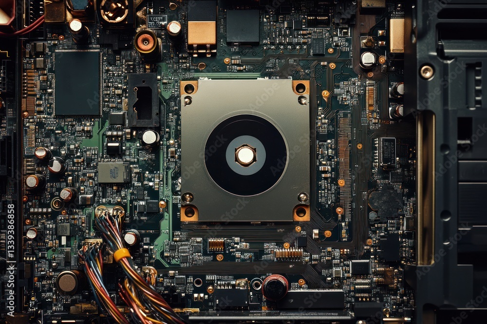 Poster closeup on motherboard of personal computer. electronic circuit board with central microchip process