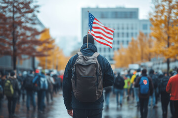 Man with USA flag in peaceful protest surrounded by enthusiastic crowd