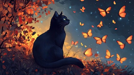 A sleek black cat sitting under the moonlight, surrounded by swirling glowing butterflies.