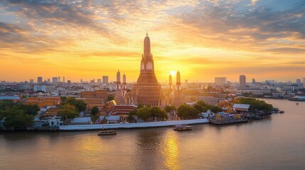 Fototapeta premium A city with a large building in the middle and a river in the background