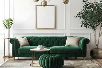 Interior of modern living room with green sofa, 3d render