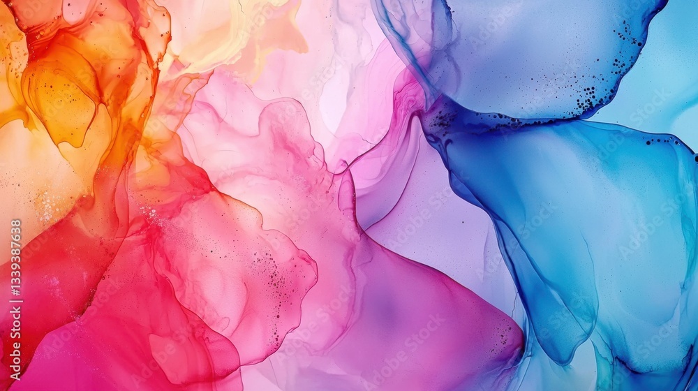 Poster a colorful composition features fluid shapes in red, orange, pink, and blue. the smooth transitions 
