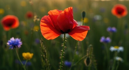 Obraz premium Red Poppy Flower Blooming in a Meadow at Sunset with Warm Light