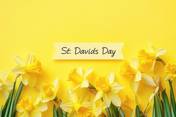 Cheerful St. David's Day daffodils on yellow background