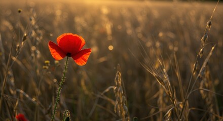 Red Poppy Flower Blooming in Golden Wheat Field at Sunset Glow