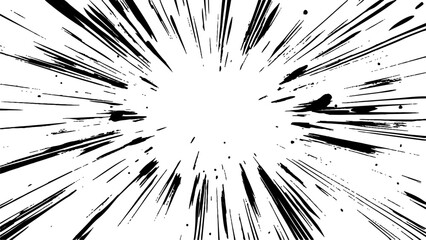 Bokeh black lines on white transparent background. Vector circular starburst explosion texture. Distressed uneven grunge background, cover template set with comic speed line effect.