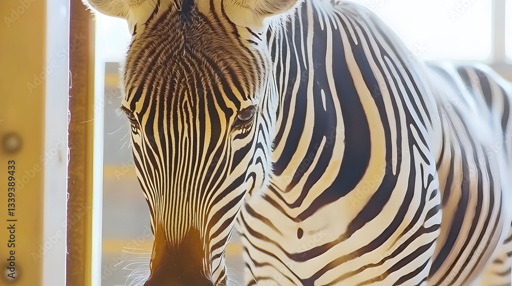 Poster artistic representation of a zebra standing in a pen with unique stripes and studio background creat