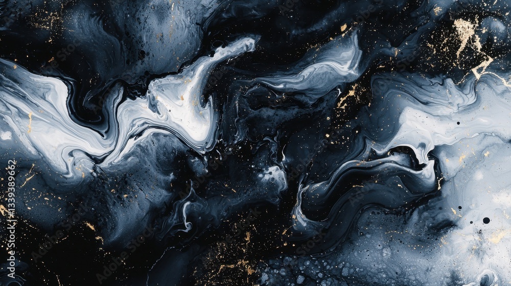 Poster a mesmerizing abstract pattern showcases dynamic swirls of black and white, accented with sparkling 
