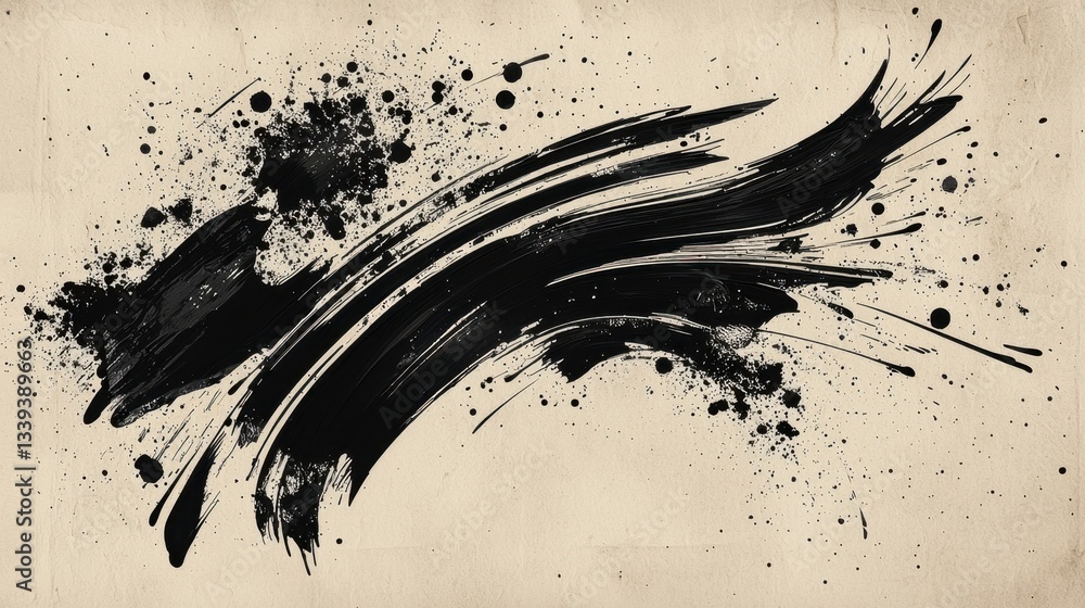 Poster bold black paint strokes and splatters form an abstract composition, contrasting with a soft off-whi