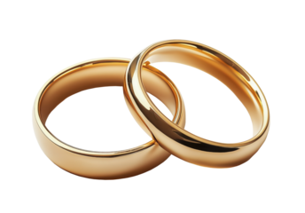 Two golden wedding rings intertwined on transparent background