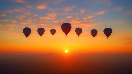 Fototapeta premium Six Hot Air Balloons Soaring at Sunrise