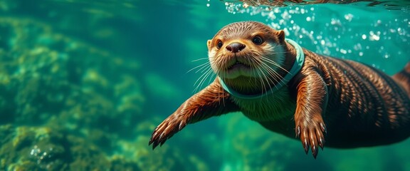 Fototapeta premium A curious otter playfully swims underwater, its sleek brown fur glistening, a teal collar adding a touch of whimsy to its aquatic adventure.