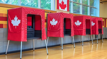 Red voting booths with Canadian flag in a school gymnasium.