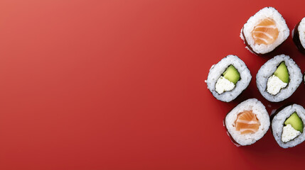Sushi rolls arranged on red background, showcasing fresh ingredients and vibrant colors