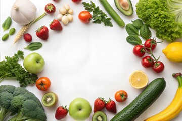 Colorful Assortment of Fresh Fruits and Vegetables on White Background, including strawberries, tomatoes, apples, cucumbers, lemons, kiwi, broccoli, and herbs,