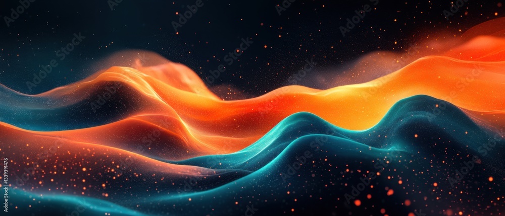 Poster abstract luminous waves of energy in vibrant orange and teal hues with sparkling particles and dark 