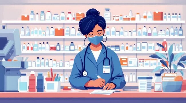 Pharmacist writing prescription, pharmacy shelves background, healthcare, medical advice