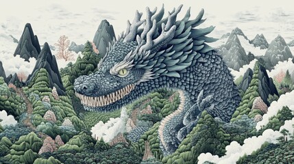 A Detailed Artistic Illustration of a Dragon in Mountainous Scenery