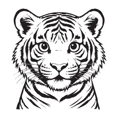 cute tiger big cute eyes,  simple outline and shapes, coloring page black and white comic book flat vector, white background
