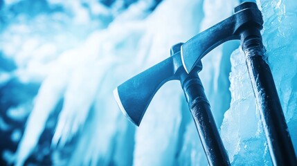 Two ice axes resting against a frozen glacier, showcasing the icy landscape and climbing gear