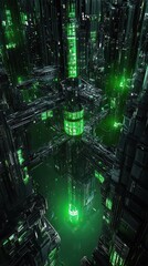 A futuristic cityscape features bright green illumination in the darkness