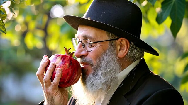 Elderly rabbi admiring ripe pomegranate in sunlit garden