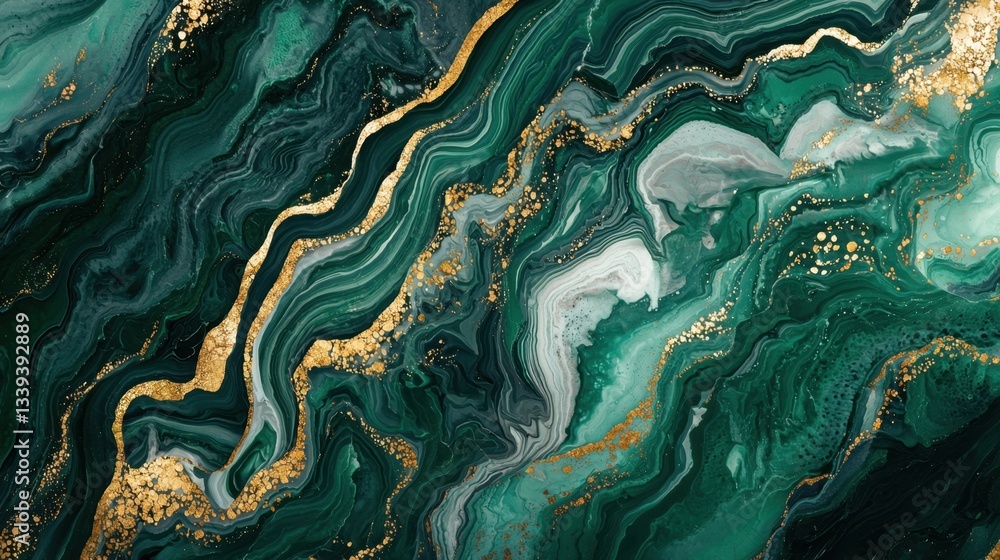 Poster vivid swirls of green and white intertwine with splashes of gold, creating a striking abstract patte