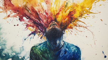 A man with a beard tilts his head back, eyes closed, surrounded by an explosion of colorful paint. The vivid hues signify intense emotions and creativity in a surreal manner