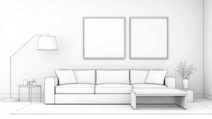 Fototapeta premium Modern Living Room Sketch: Minimalist Interior Design Concept