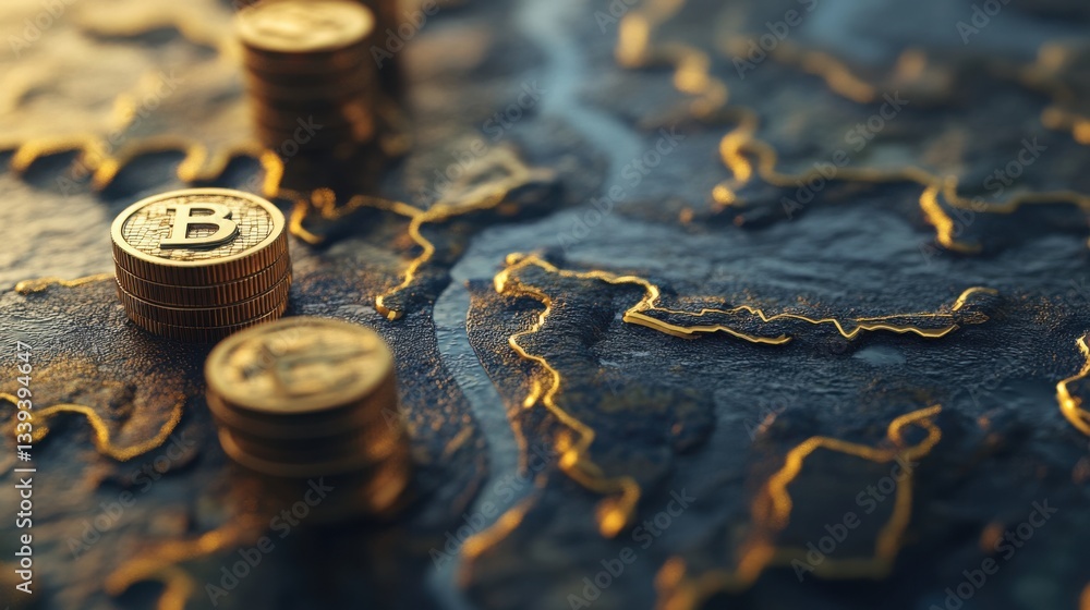 Poster detailed investment roadmap with bitcoin coins on a map surface