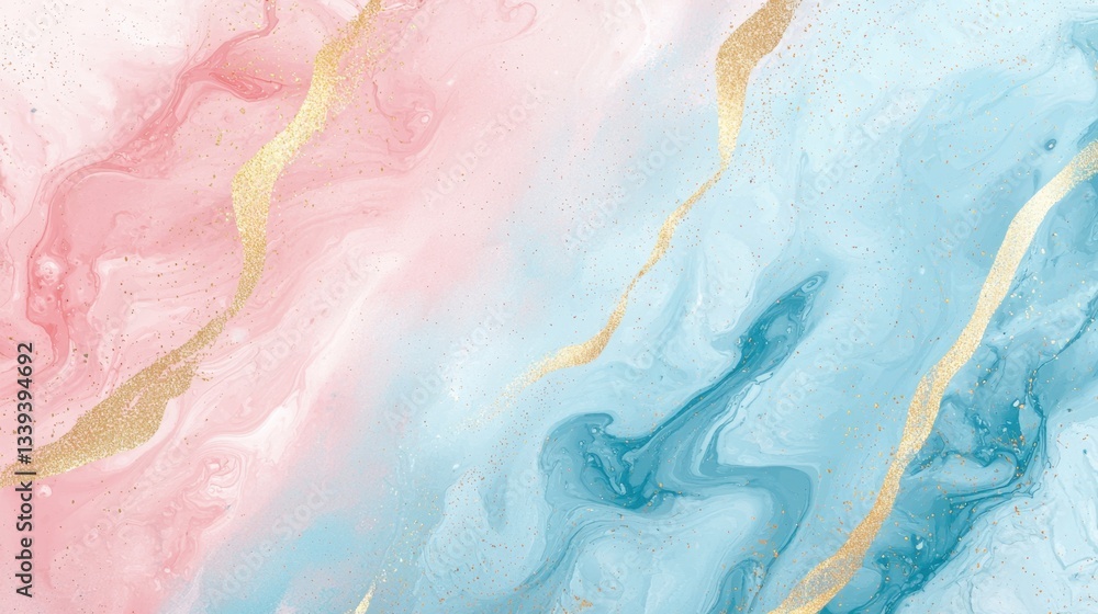 Poster soft pastel swirls of pink and blue blend seamlessly, intertwined with elegant golden lines, creatin