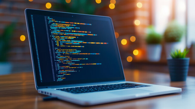 Open laptop on a wooden desk displaying code with a warm, blurred background of indoor plants and lights.